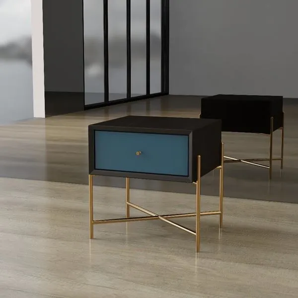 আঁকা কালো এবং নীল বার্ণিশ এবং ব্রাসের পায়ে ড্রয়ার সহ কাস্টম নাইটস্ট্যান্ড