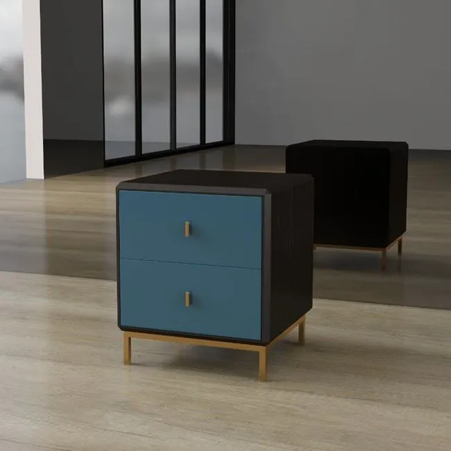 আঁকা কালো এবং নীল বার্ণিশ এবং ব্রাস পায়ের দুটি ড্রয়ার সহ কাস্টম নাইটস্ট্যান্ড